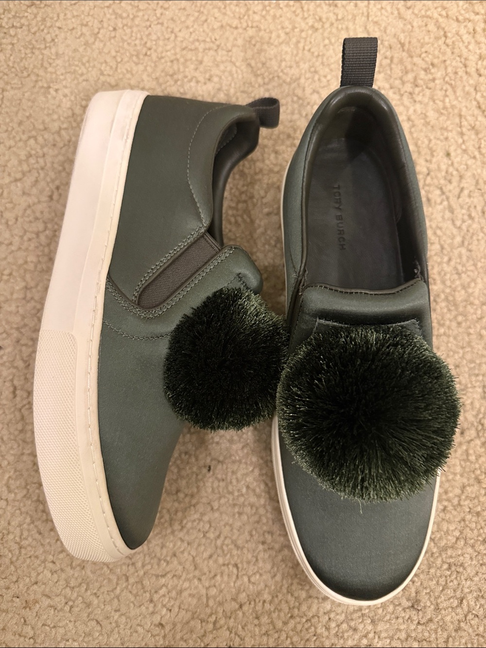 Tory Burch Olive Green Pom-Pom Slip-On Sneakers with White Sole NWOT